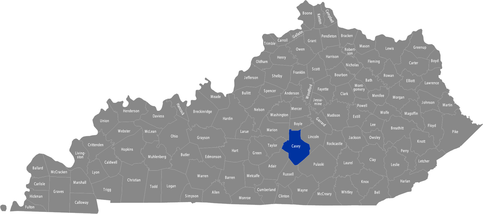 State of Kentucky map with Casey County highlighted&nbsp;